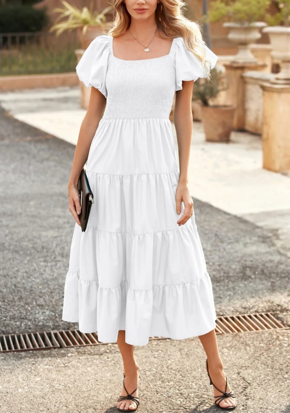 #2-38 MSRP $80 NWT PRETTYGARDEN WHITE SMOCKED PUFF SLEEVE MIDI DRESS ♡SIZE S♡